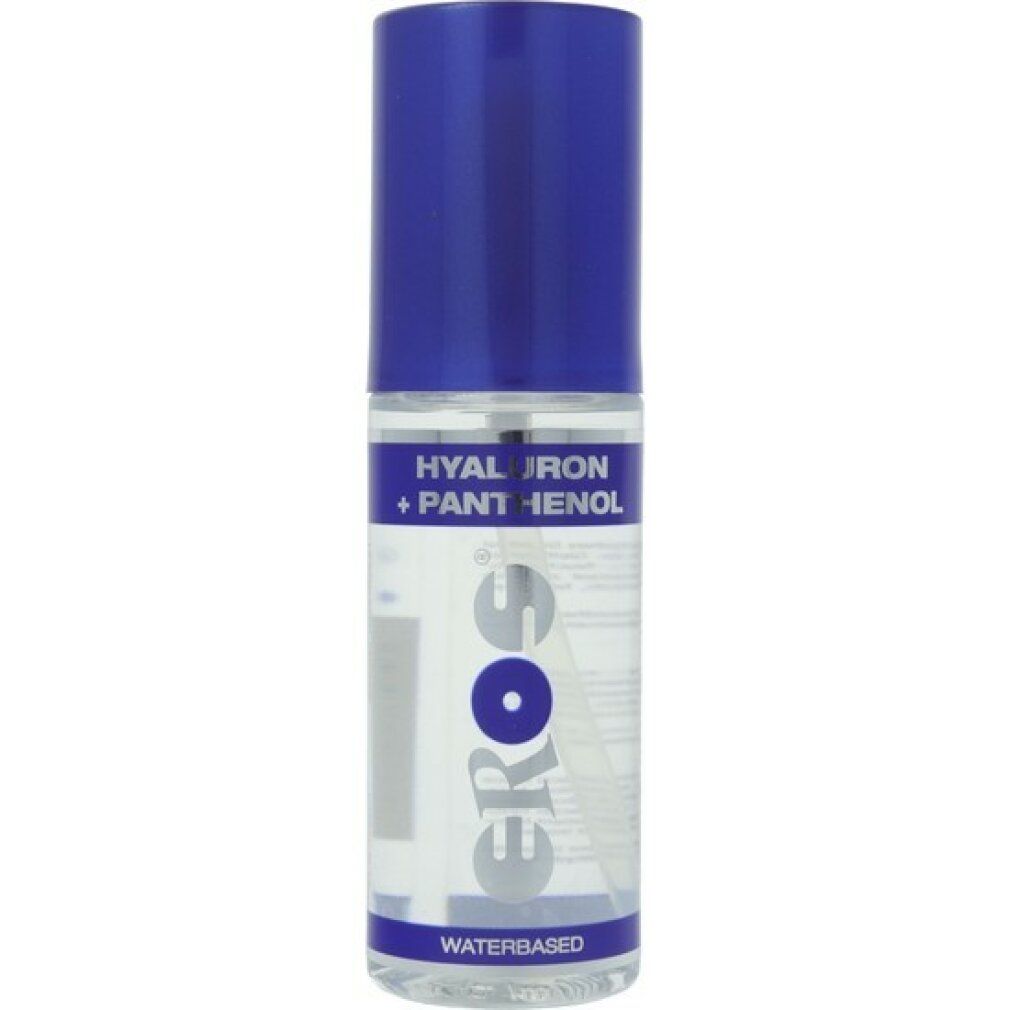 Flacone cilindrico con tappo blu. Scritta: Hyaluron + Panthenol, Eros, Waterbased.
