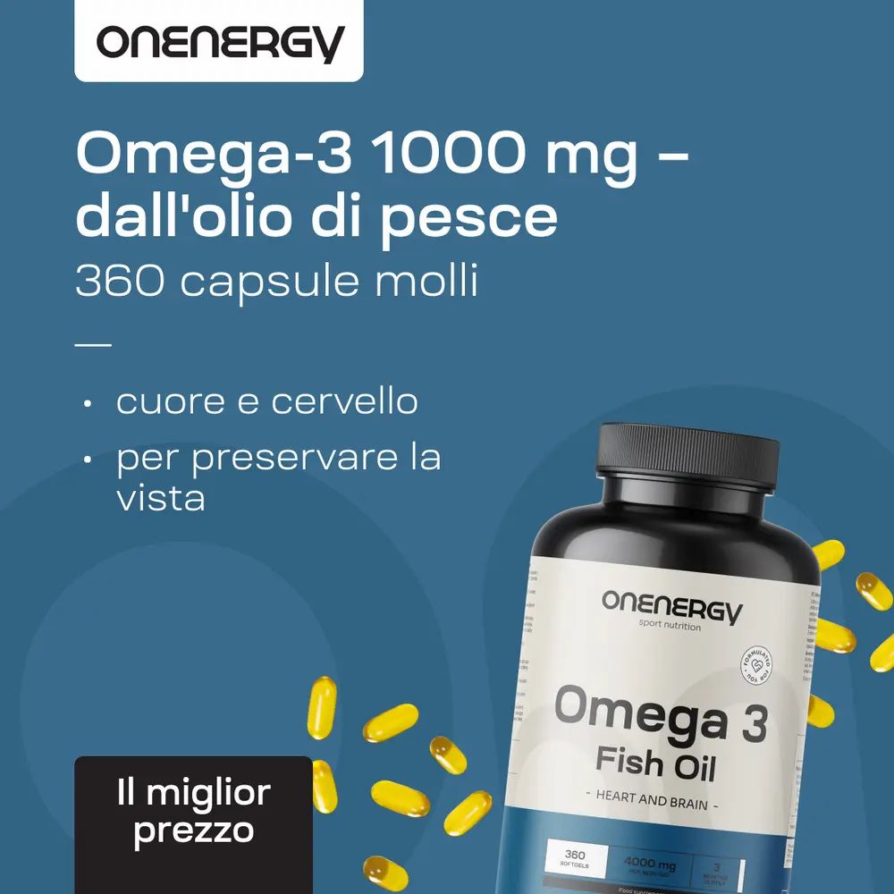 Flacone di Omega 3. Testo: Omega-3 1000 mg - dall'olio di pesce. 360 capsule molli. Cuore e cervello.