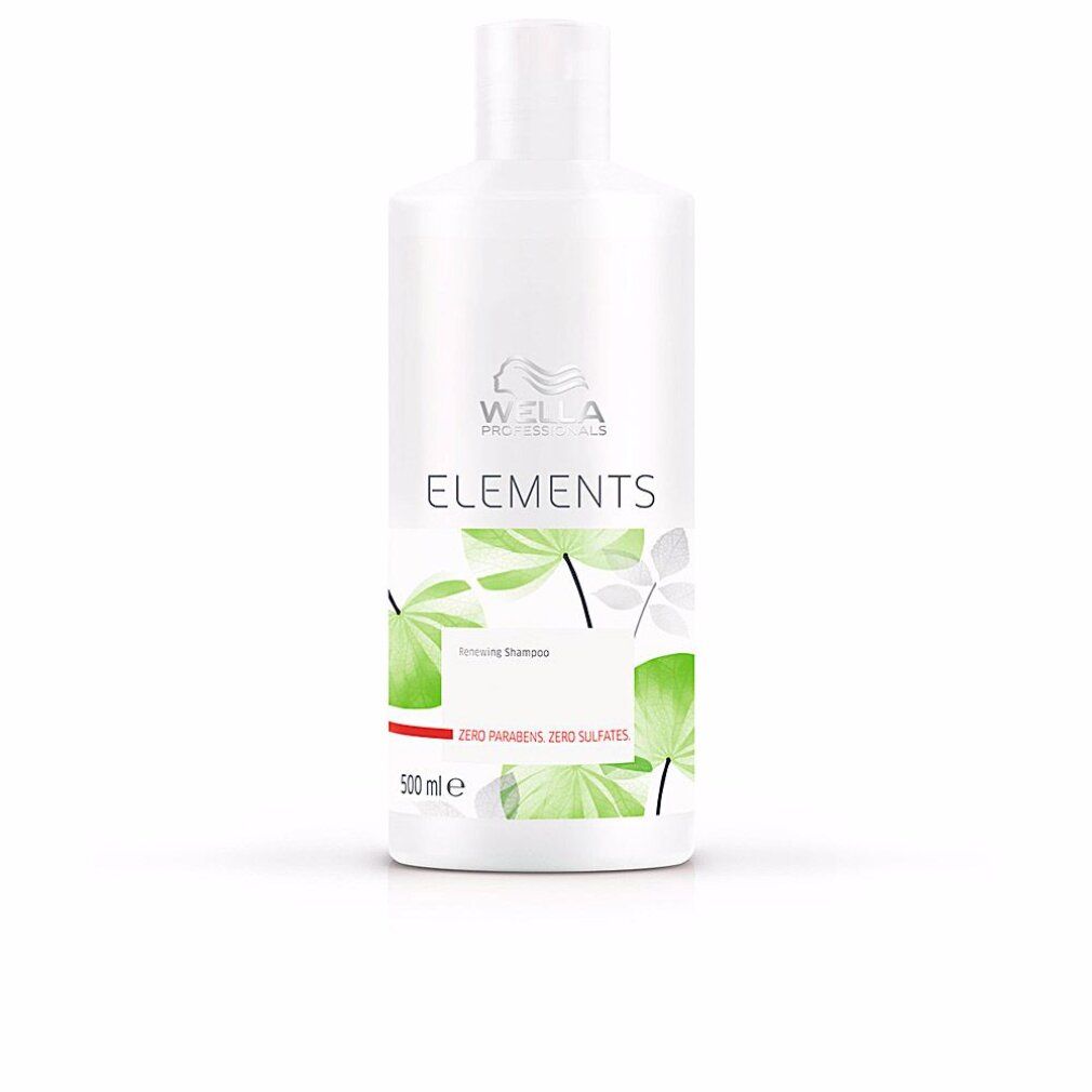Flacone di shampoo bianco con motivo a foglie verdi e striscia rossa. Scritta: Wella Elements, Shampoo rinnovatore, 500 ml.