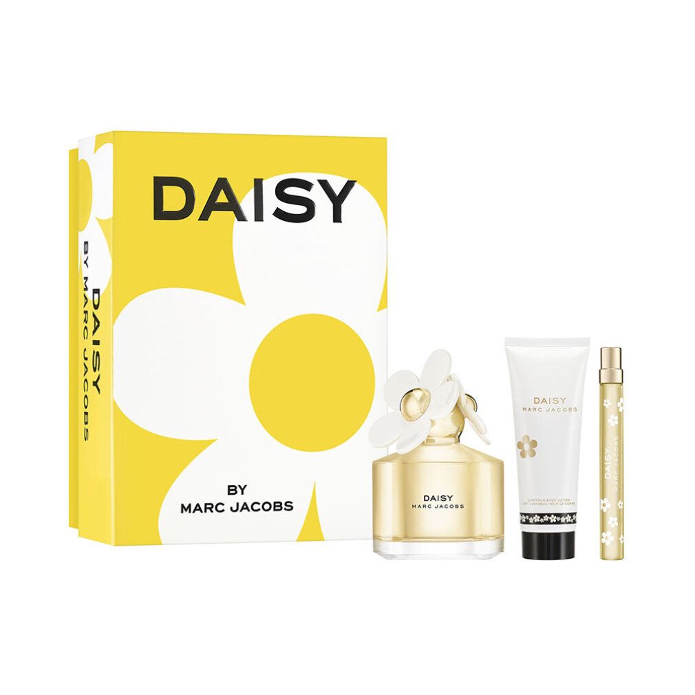 Set regalo con scatola gialla, flacone, miniatura e tubo. Scritta "DAISY BY MARC JACOBS".