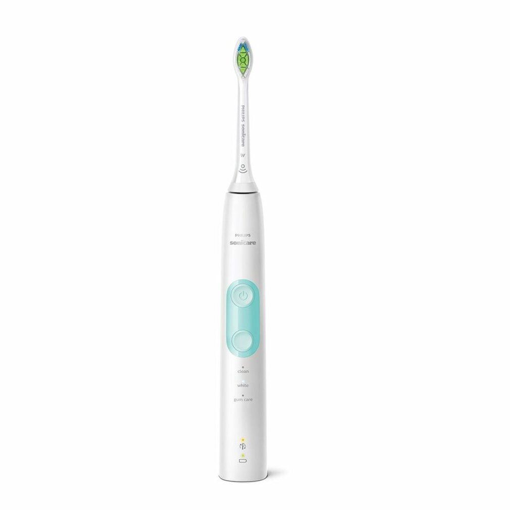 Spazzolino elettrico bianco con comandi menta. Logo Philips Sonicare. Testina con setole verdi.