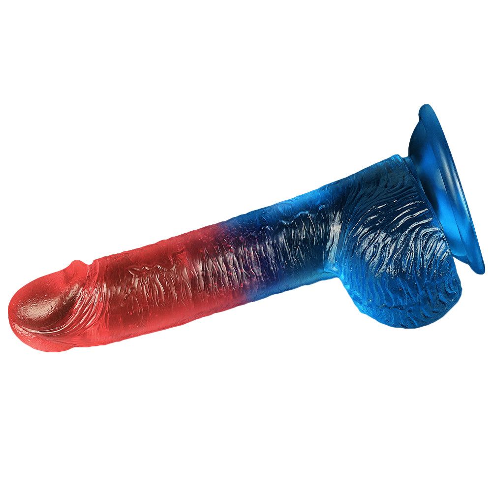 Dildo con testa rossa, corpo blu e ventosa. Superficie scanalata.