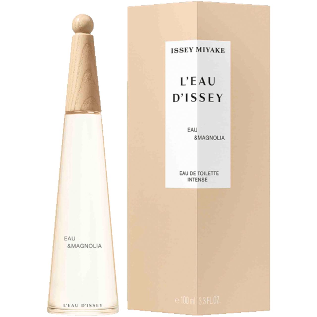Flacone di profumo e confezione. Scritta: Issey Miyake, L'Eau d'Issey, Eau & Magnolia.