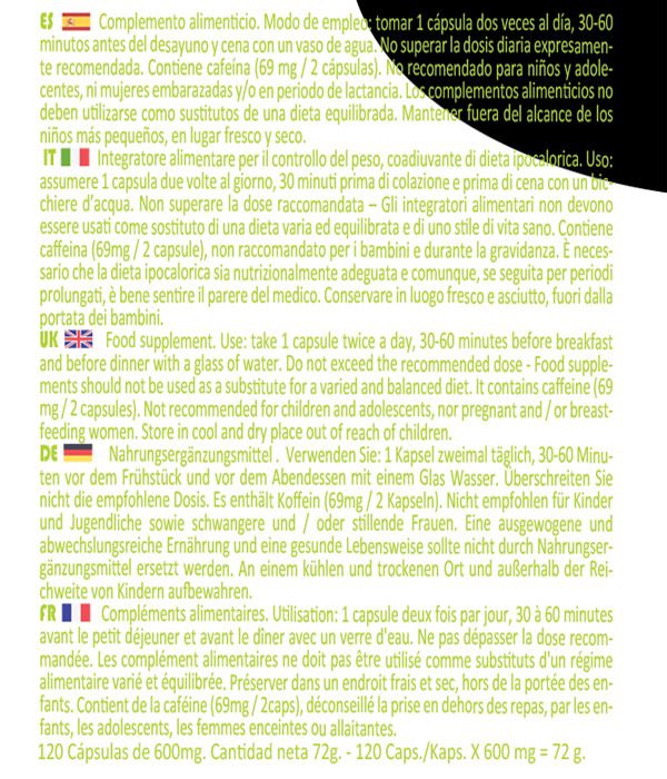 Istruzioni per l'uso multilingue di un integratore alimentare. Contiene informazioni sul dosaggio e avvertenze.