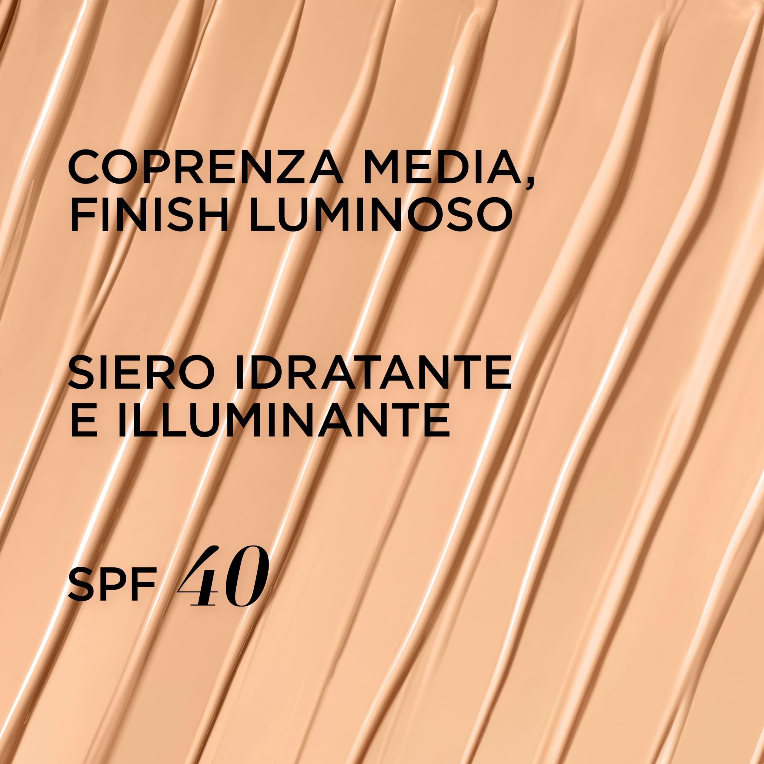 Crema testurizzata con scritta SPF 40. Testo: Coprenza Media, Finish Luminoso. Siero Idratante e Illuminante.