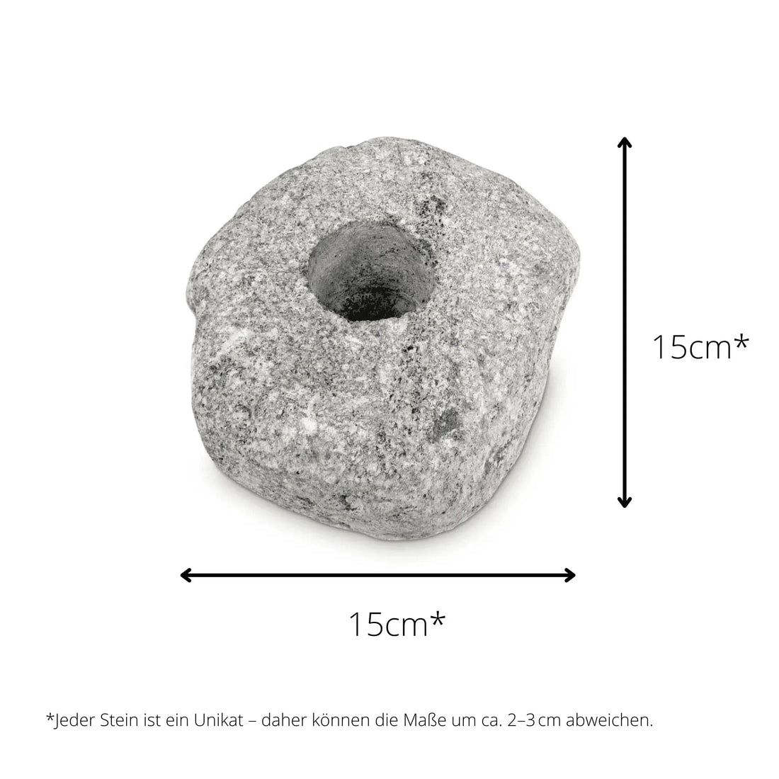 Pietra per sauna grigia con foro. Dimensioni: 15x15cm. Testo: Ogni pietra è unica.