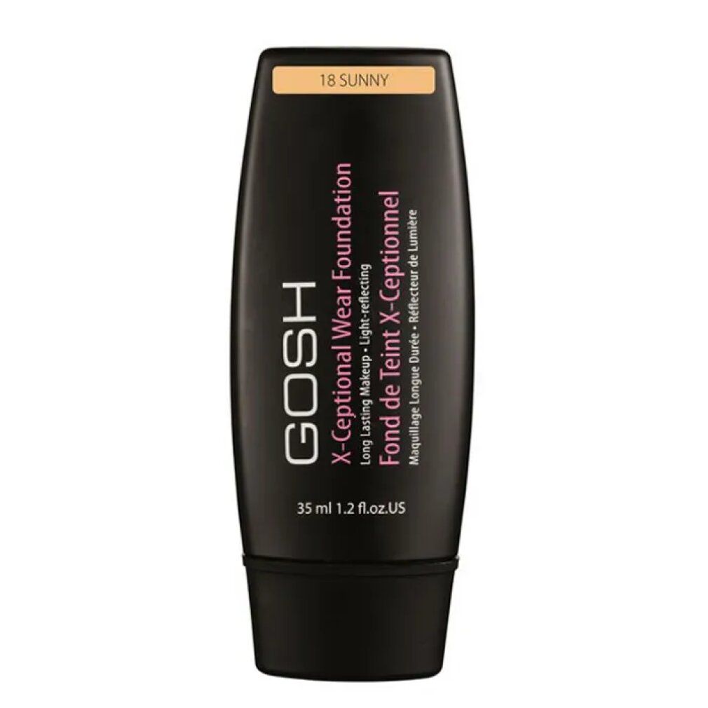 Tubo nero di Gosh X-Ceptional Wear Foundation, tonalità 18 Sunny. Testo in inglese e francese. Contenuto 35 ml.