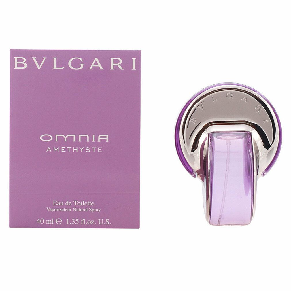 Flacone e confezione Bvlgari Omnia Amethyste. Flacone viola, tappo argento. Scatola viola con nome del prodotto.