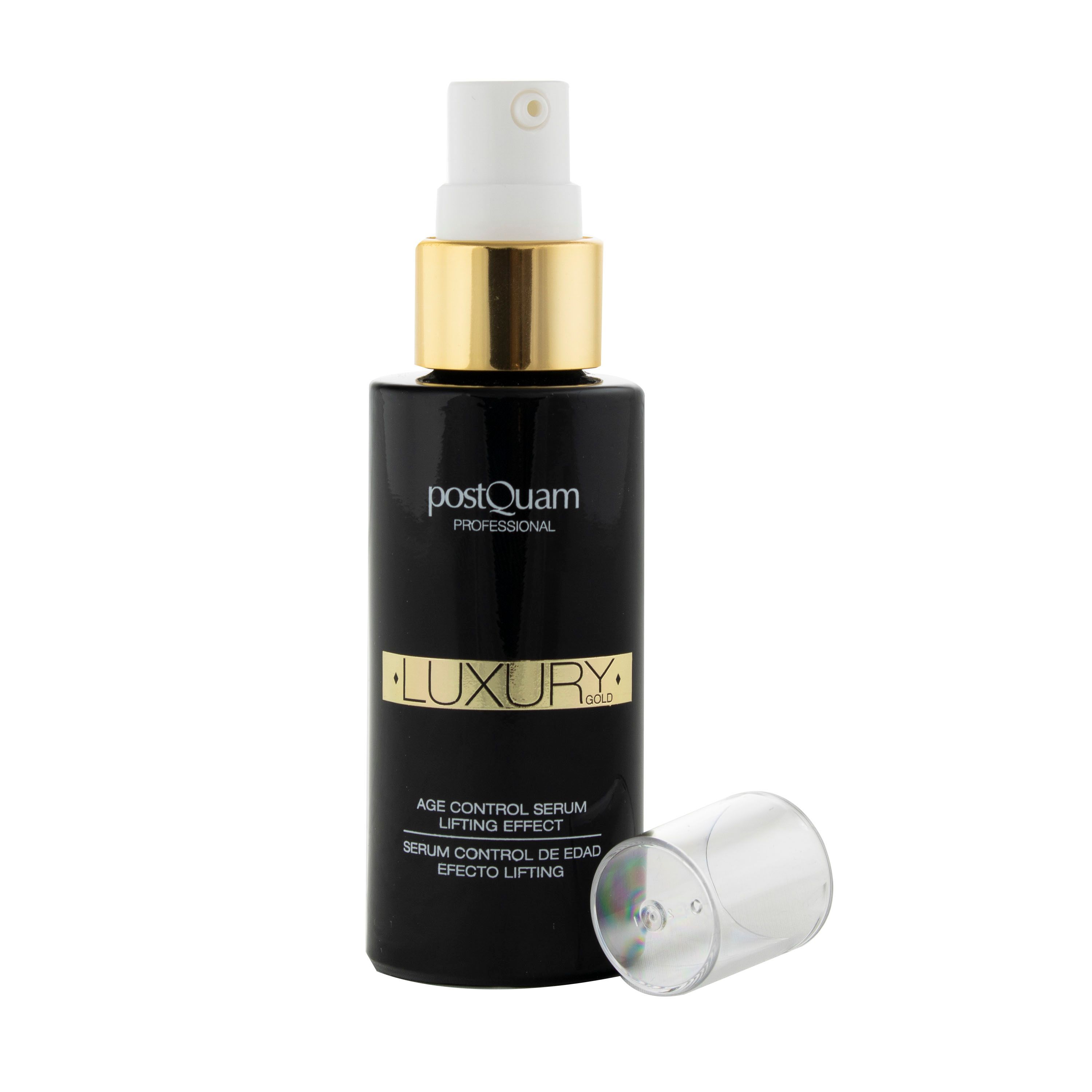 Flacone nero con tappo aperto. Scritte: Postquam, Luxury, Age Control Serum.