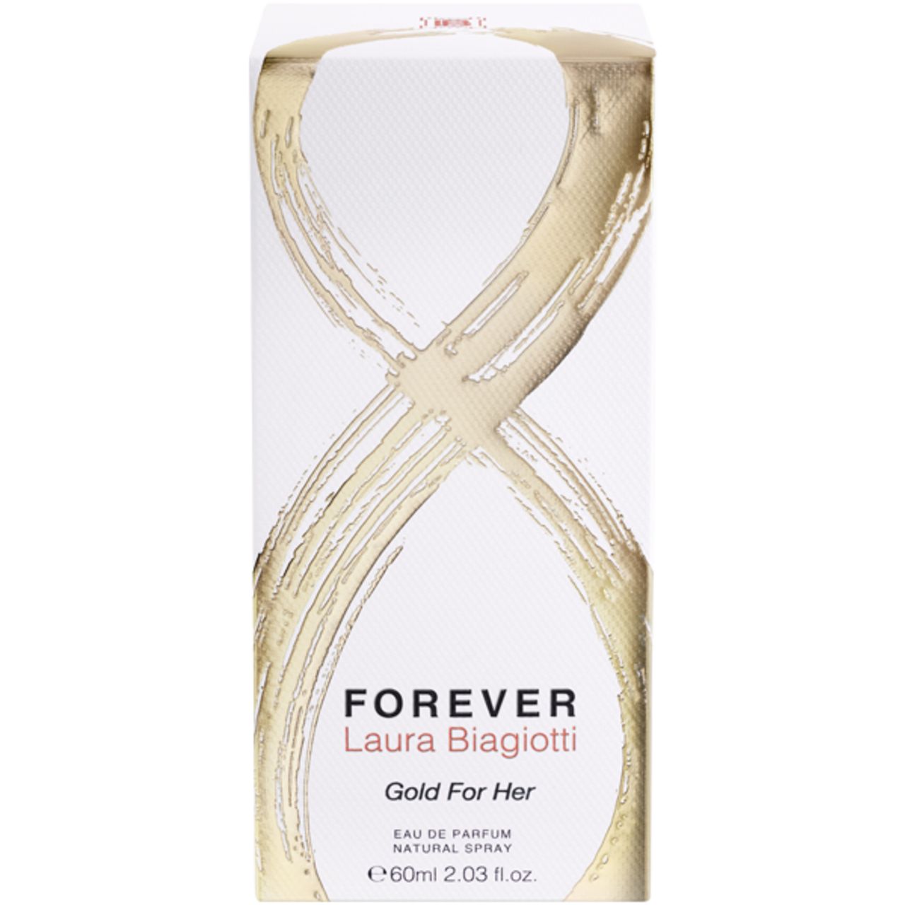 Confezione bianca con design dorato. Scritta: Forever Laura Biagiotti Gold For Her. Eau de Parfum Natural Spray.