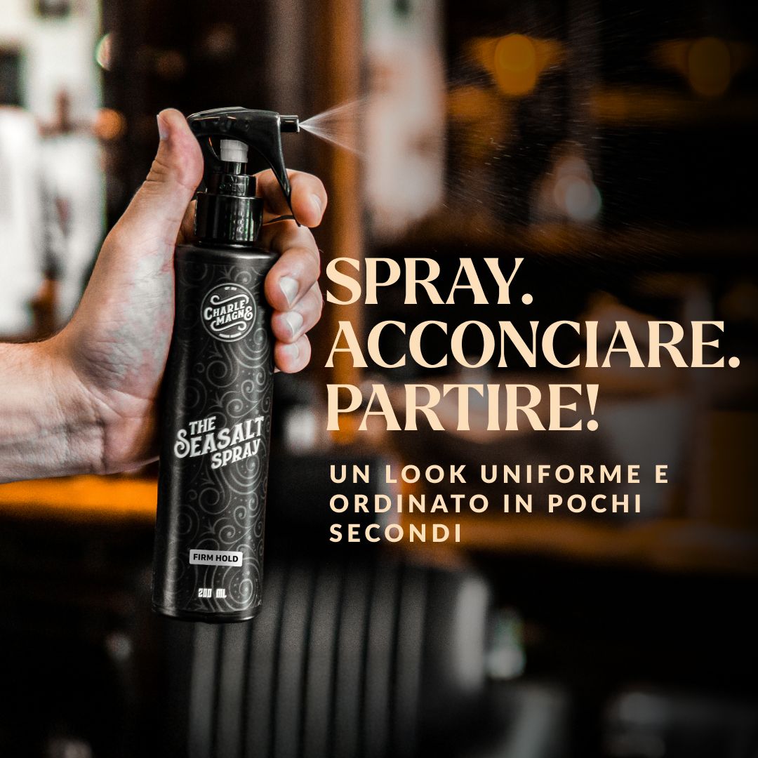 Mano che spruzza un prodotto per capelli da una bottiglia nera etichettata 'Firm Hold'.