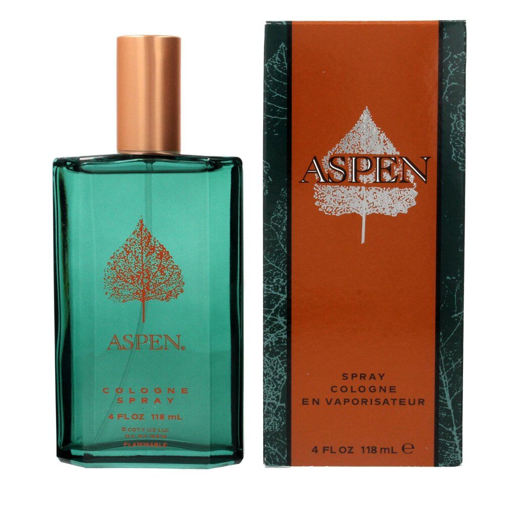 Flacone di profumo Aspen e confezione. Flacone verdastro con tappo dorato. Confezione marrone con logo e testo.