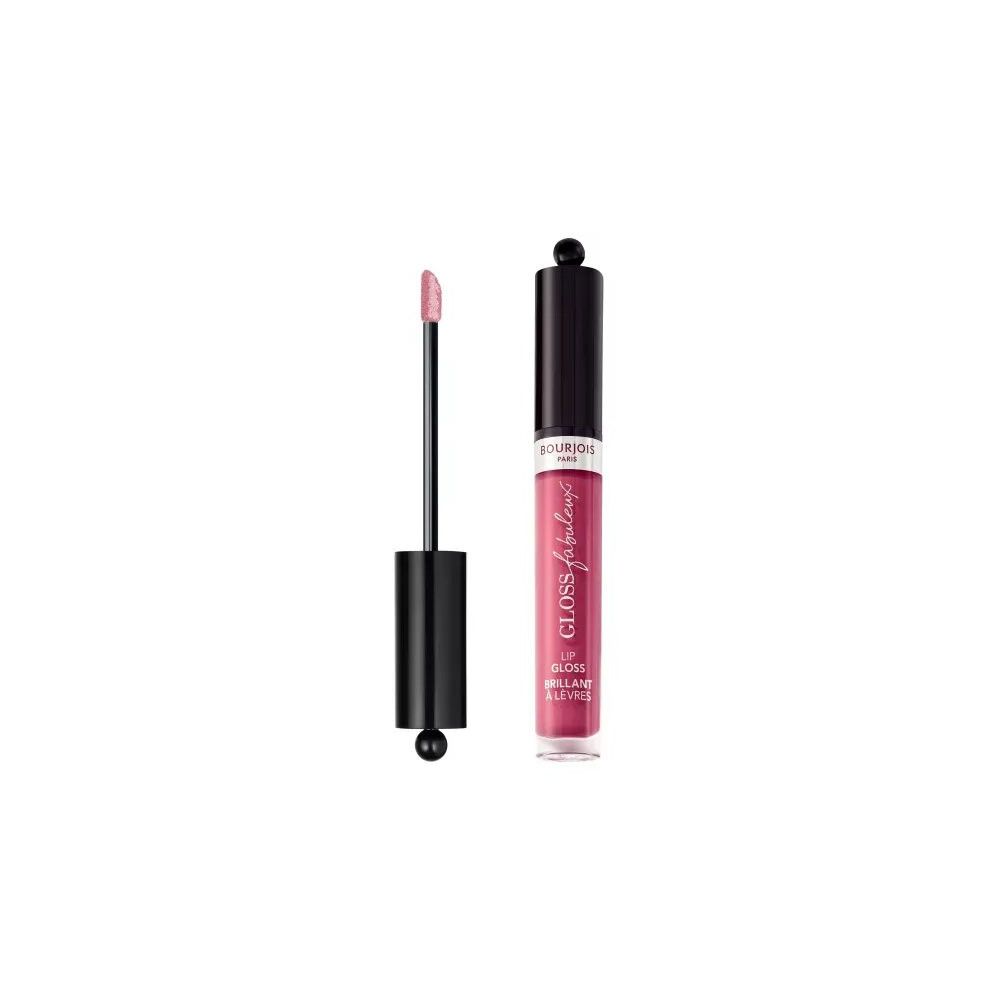 Applicatore di lucidalabbra accanto a un tubetto. Applicatore nero, tubetto trasparente con tappo nero. Scritta: Gloss Fabuleux. Colore: 08 Berry Talented.