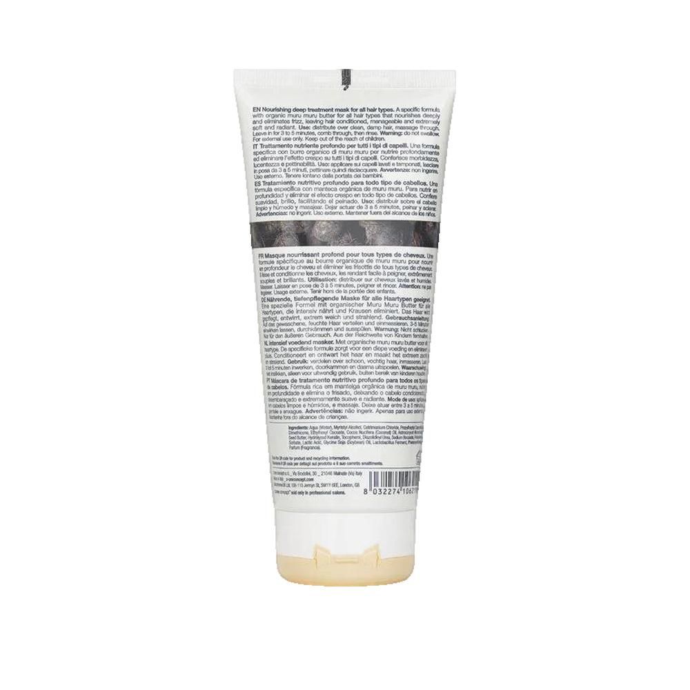 Retro di un tubo. Testo multilingue. Ingredienti e istruzioni per l'uso. Codice a barre. Bianco-beige.