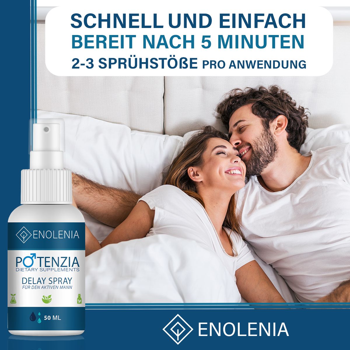 Uomo e donna a letto. Flacone spray, scritta: Enolenia, Potenzia Delay Spray.