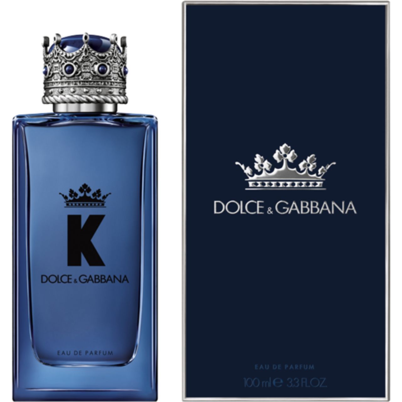 Flacone di profumo blu e scatola. Flacone con corona, "K" e "Dolce & Gabbana". Scatola con logo e testo.