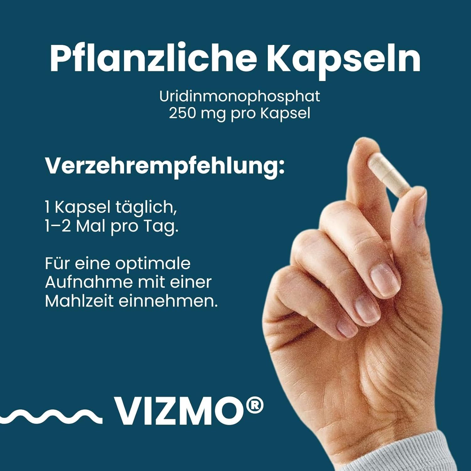 Mano che tiene una capsula. Testo: Uridina monofosfato, 250 mg per capsula. Raccomandazioni: 1-2 volte al giorno.