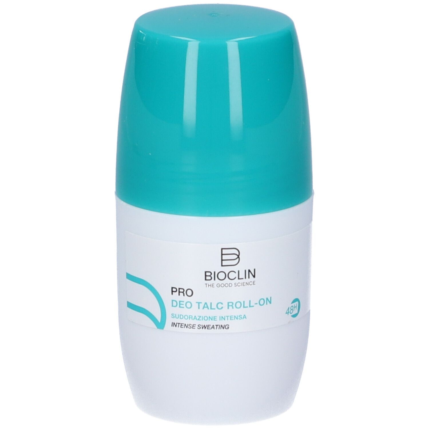 Bioclin Deo Talc Roll-On: contenitore bianco con tappo turchese. Etichetta: PRO DEO TALC ROLL-ON, INTENSE SWEATING.