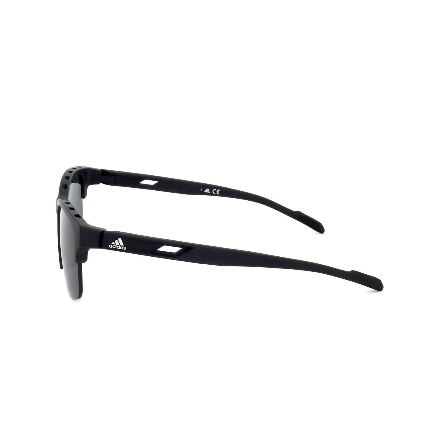 Occhiali da sole Adidas neri, vista laterale. Marchio CE e logo Adidas visibili.