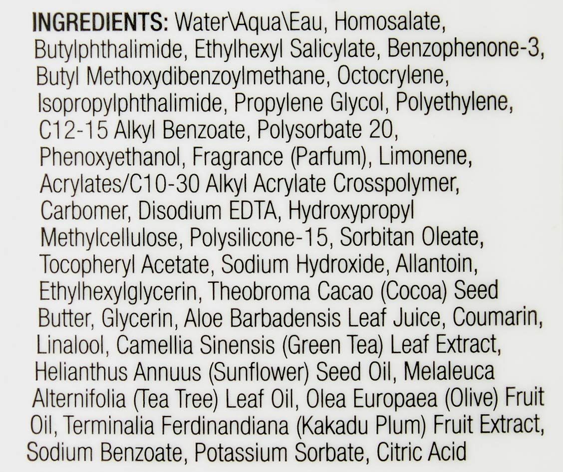 Testo degli ingredienti della lozione solare. Contiene acqua, omosalato, butilftalimmide, etilesil salicilato e altro.