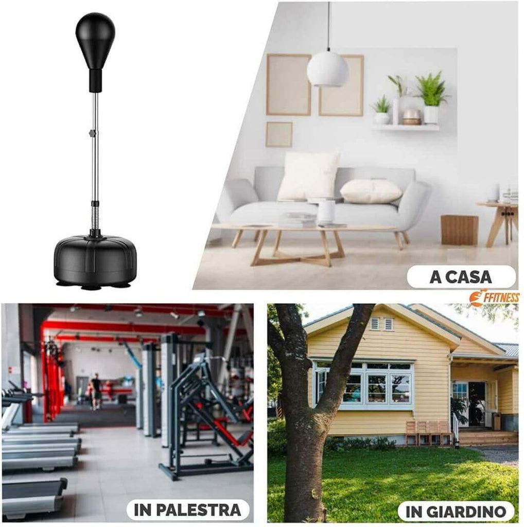 Sacco da boxe in tre ambienti: casa, palestra e giardino. Logo FFitness.