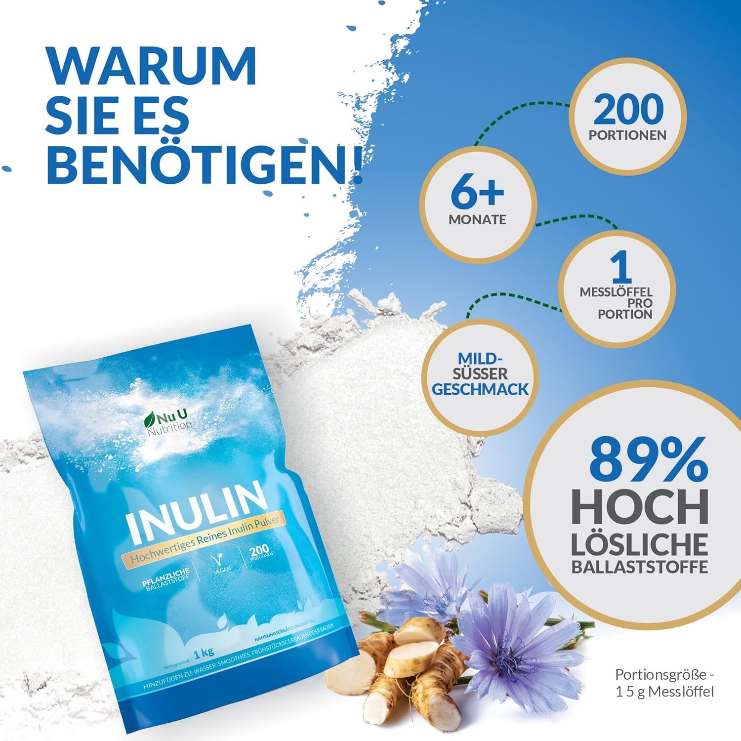 Confezione di polvere di inulina. 200 porzioni, 1 misurino per porzione. 89% di fibre solubili.