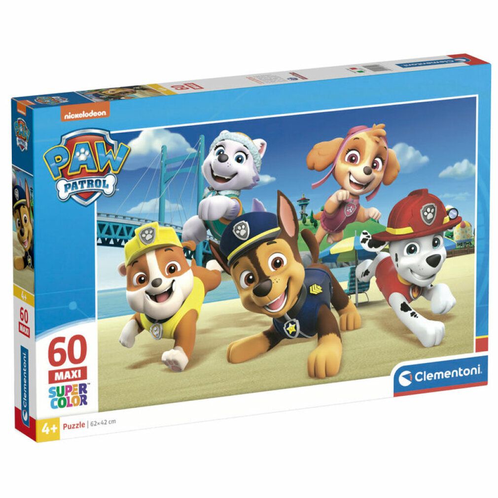 Scatola puzzle Paw Patrol. Contiene 60 pezzi. Scritte: Paw Patrol, 60 Maxi, Super Color, Clementoni. Per bambini dai 4 anni.