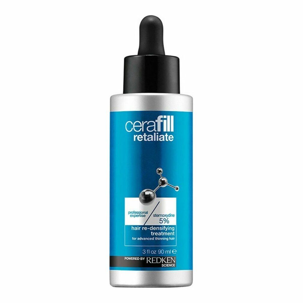 Trattamento Cerafill Retaliate. Flacone blu con contagocce nero. Contiene 5% Stemoxydine. Per capelli diradati.