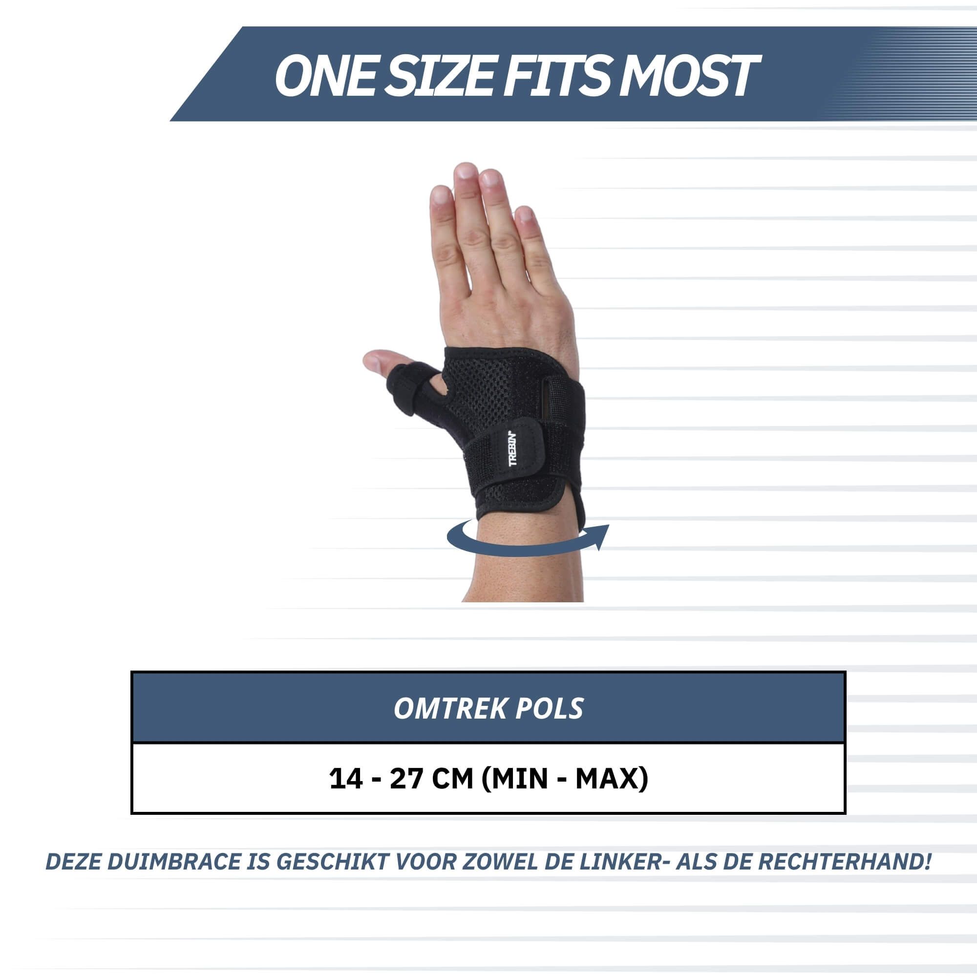 Mano con tutore nero per pollice e polso. Testo: 'One Size Fits Most'. Circonferenza polso 14-27 cm.