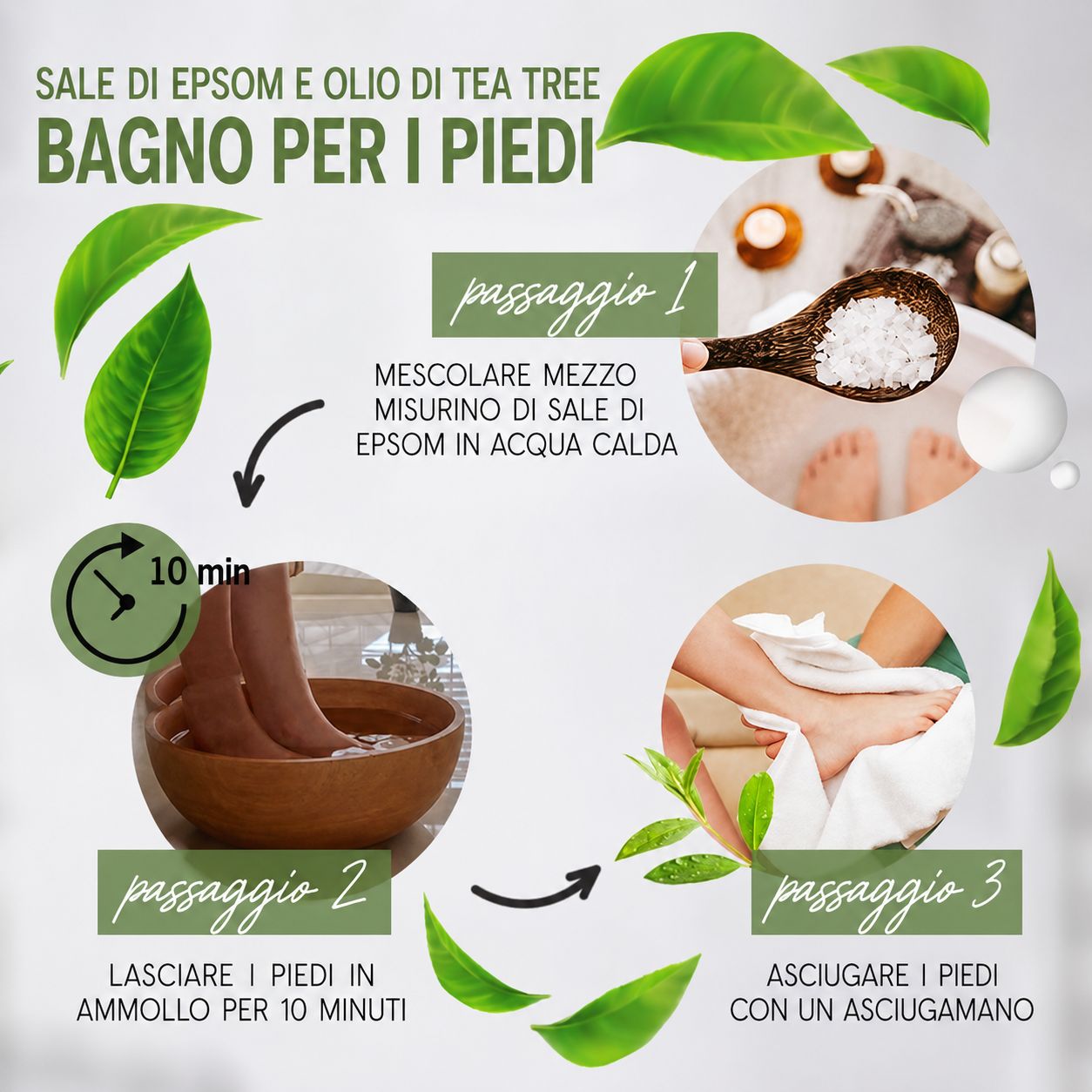 Istruzioni per la cura dei piedi. Passaggi: 1. Mescolare il sale in acqua calda. 2. Immergere i piedi per 10 minuti. 3. Asciugare i piedi con un asciugamano.