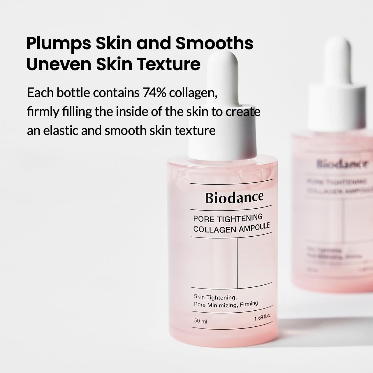 Flacone rosa con tappo bianco. Scritta: Biodance PORE TIGHTENING COLLAGEN AMPOULE. Testo.