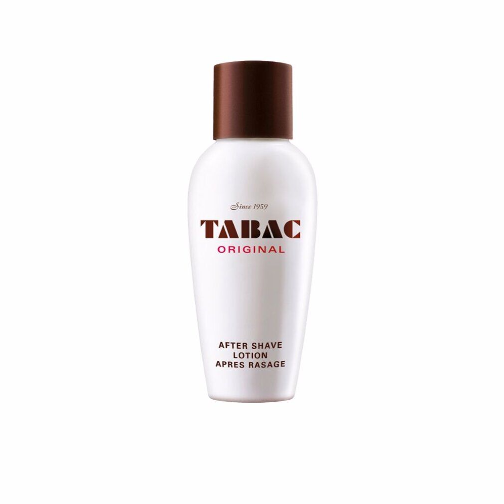Flacone bianco con tappo marrone. Scritta: TABAC ORIGINAL, AFTER SHAVE LOTION, APRES RASAGE.