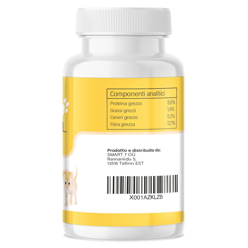 Retro di un flacone di pillole con etichetta gialla. Componenti analitici: proteine grezze, grassi grezzi, ceneri grezze, fibre grezze. Prodotto per SMART7 OÜ.