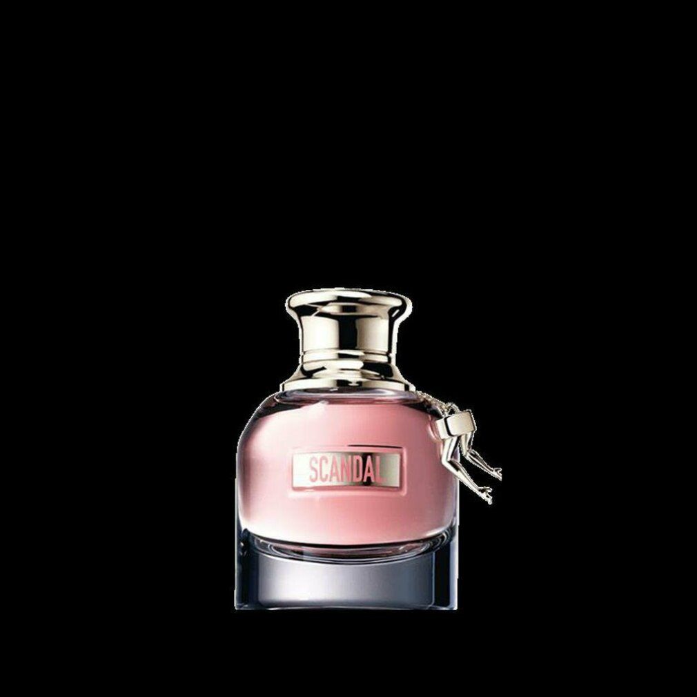 Flacone di profumo rosa con tappo argentato e gambe. Sfondo nero.