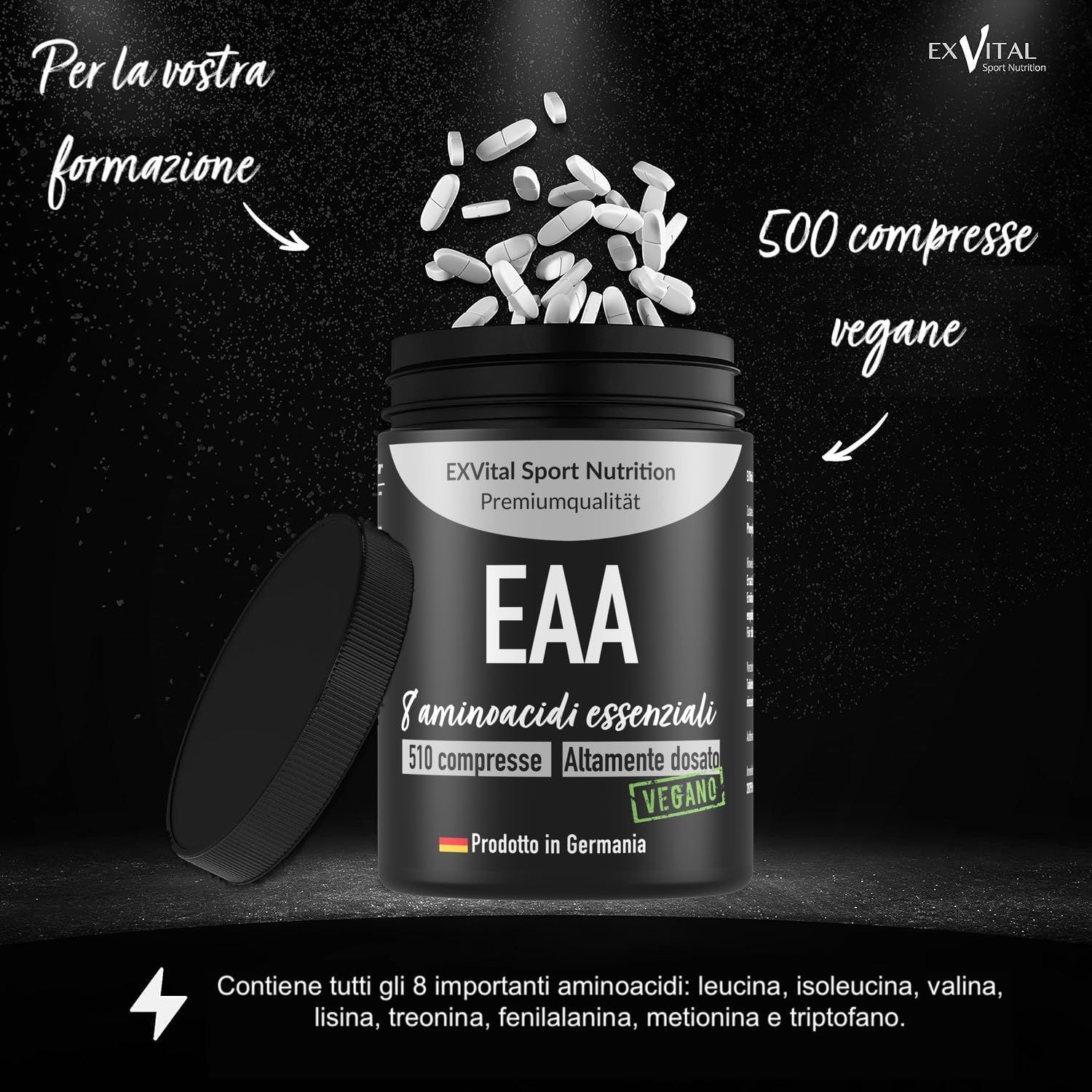 Contenitore nero EXVital EAA 8 aminoacidi essenziali, 510 compresse vegane. Prodotto in Germania.
