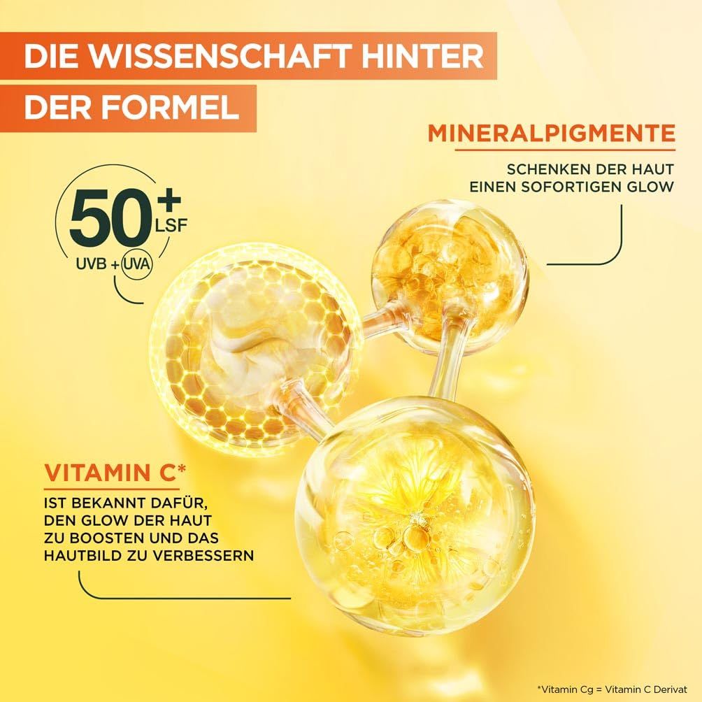 Illustrazione degli ingredienti. Sfondo giallo. Testo: Vitamina C, pigmenti minerali. SPF 50+. La scienza dietro la formula.