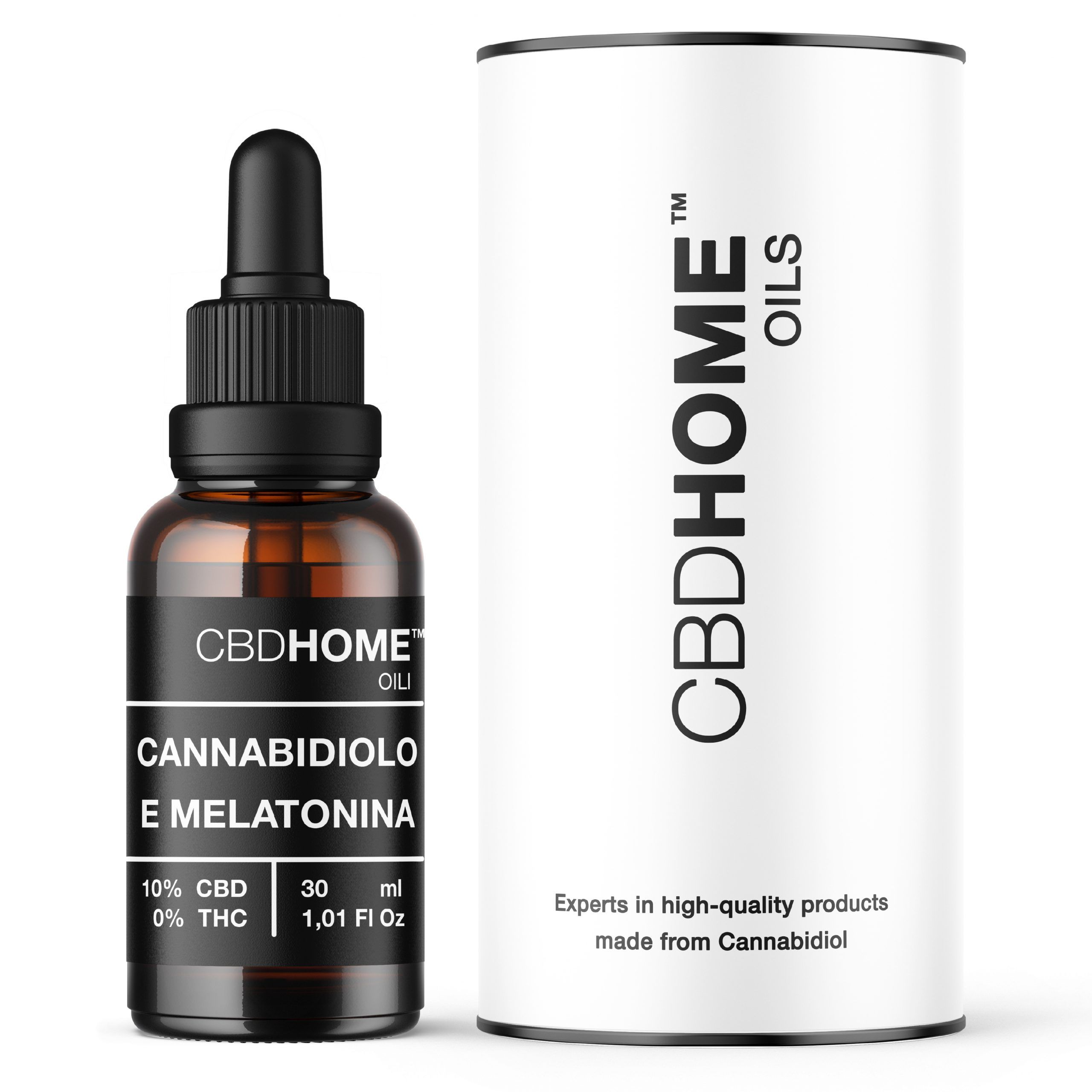 Flacone di olio CBDHOME con contagocce e confezione cilindrica. Contiene 10% CBD, 0% THC, 30 ml.