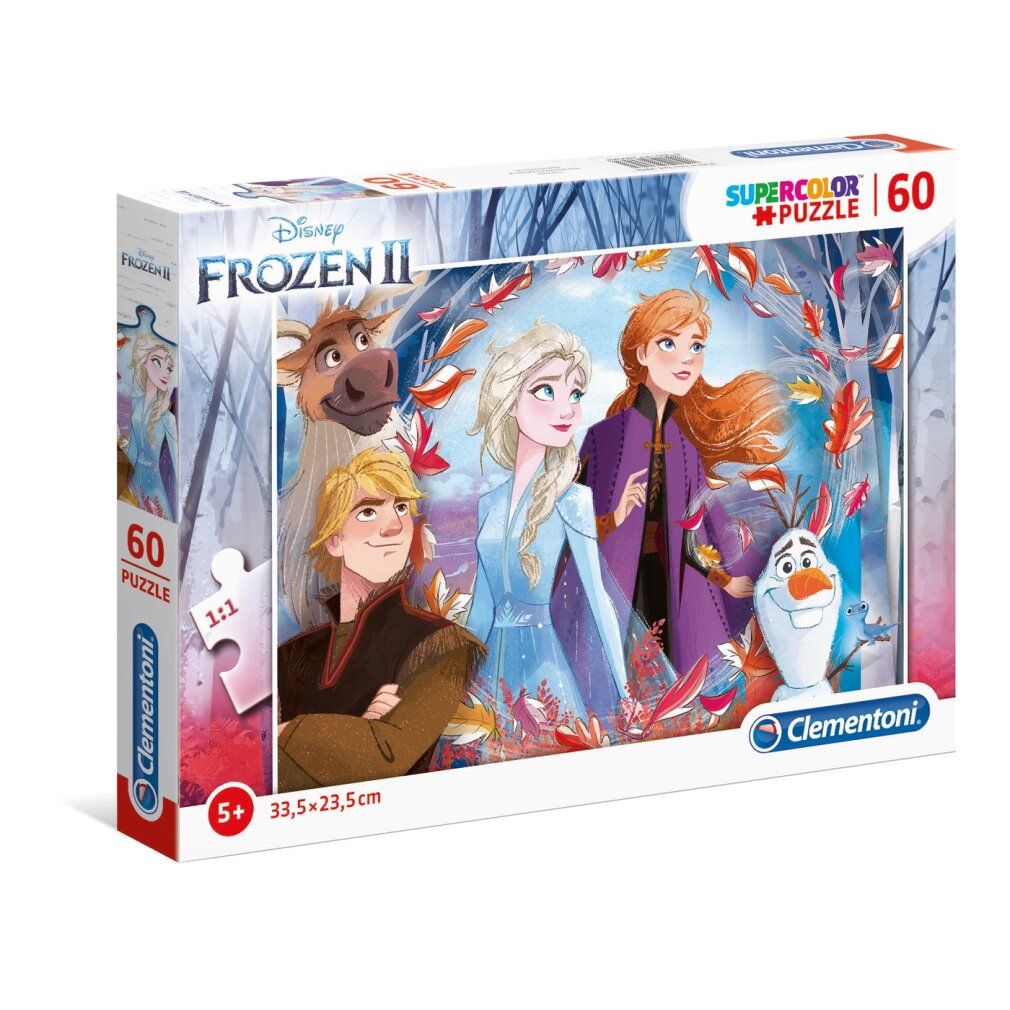 Puzzle Clementoni Frozen 2, 60 pezzi. Immagine dei personaggi Elsa, Anna, Kristoff, Sven e Olaf. Sfondo: foresta con foglie.