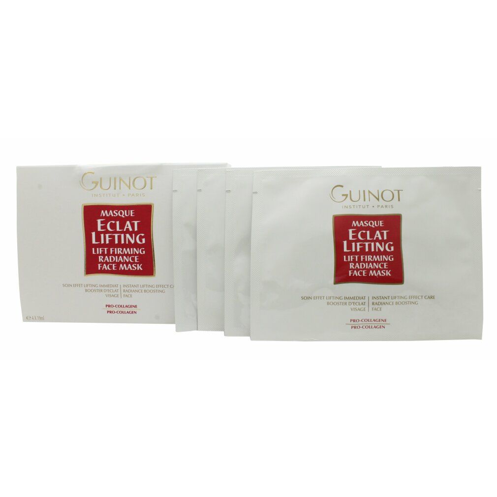 Maschere Guinot Masque Eclat Lifting. Diverse confezioni singole. Bustine bianche con rettangolo rosso e informazioni sul prodotto. Testo: Lift Firming Radiance Face Mask.