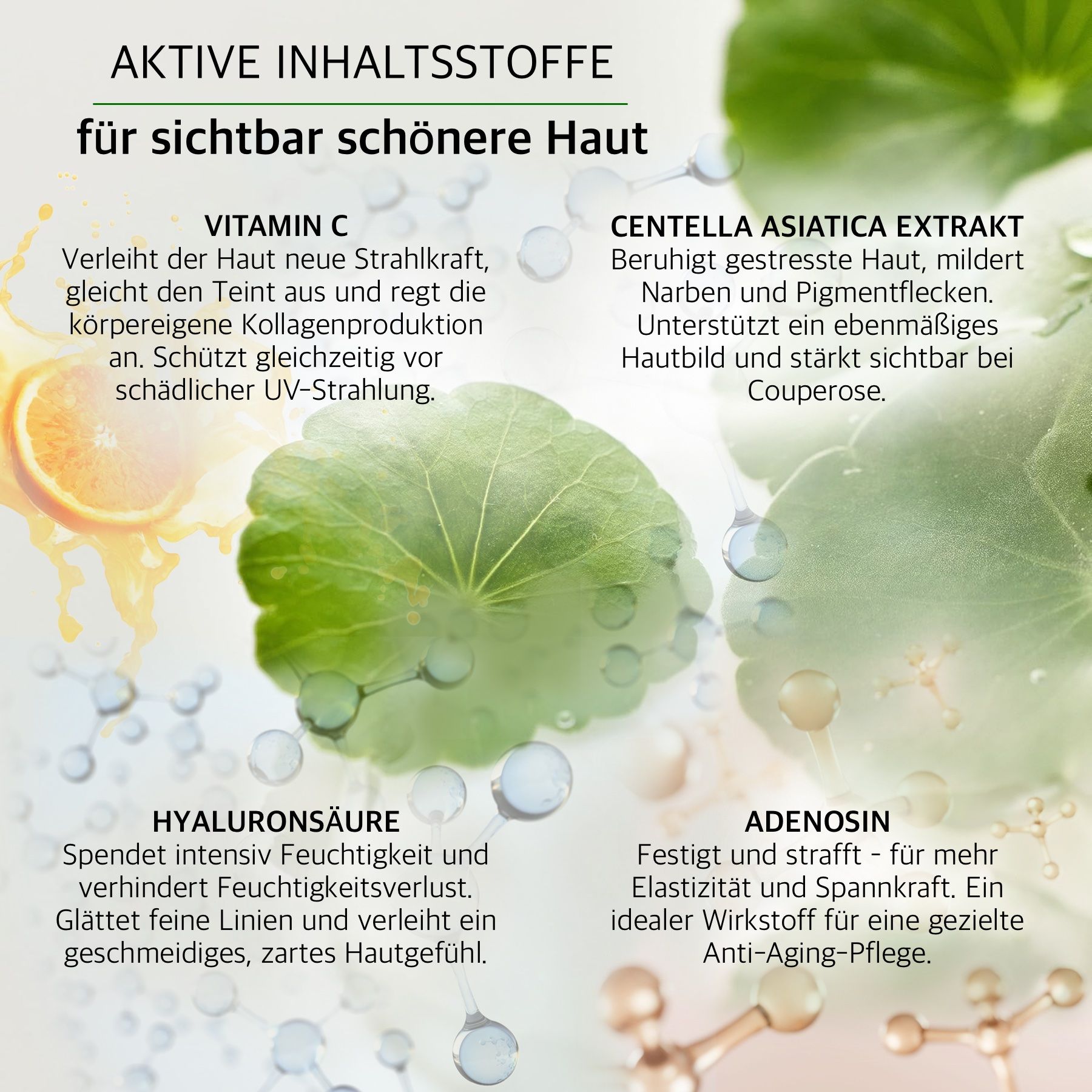 Grafica con ingredienti. Vitamina C, Centella Asiatica, Acido Ialuronico, Adenosina. Testo sui benefici.