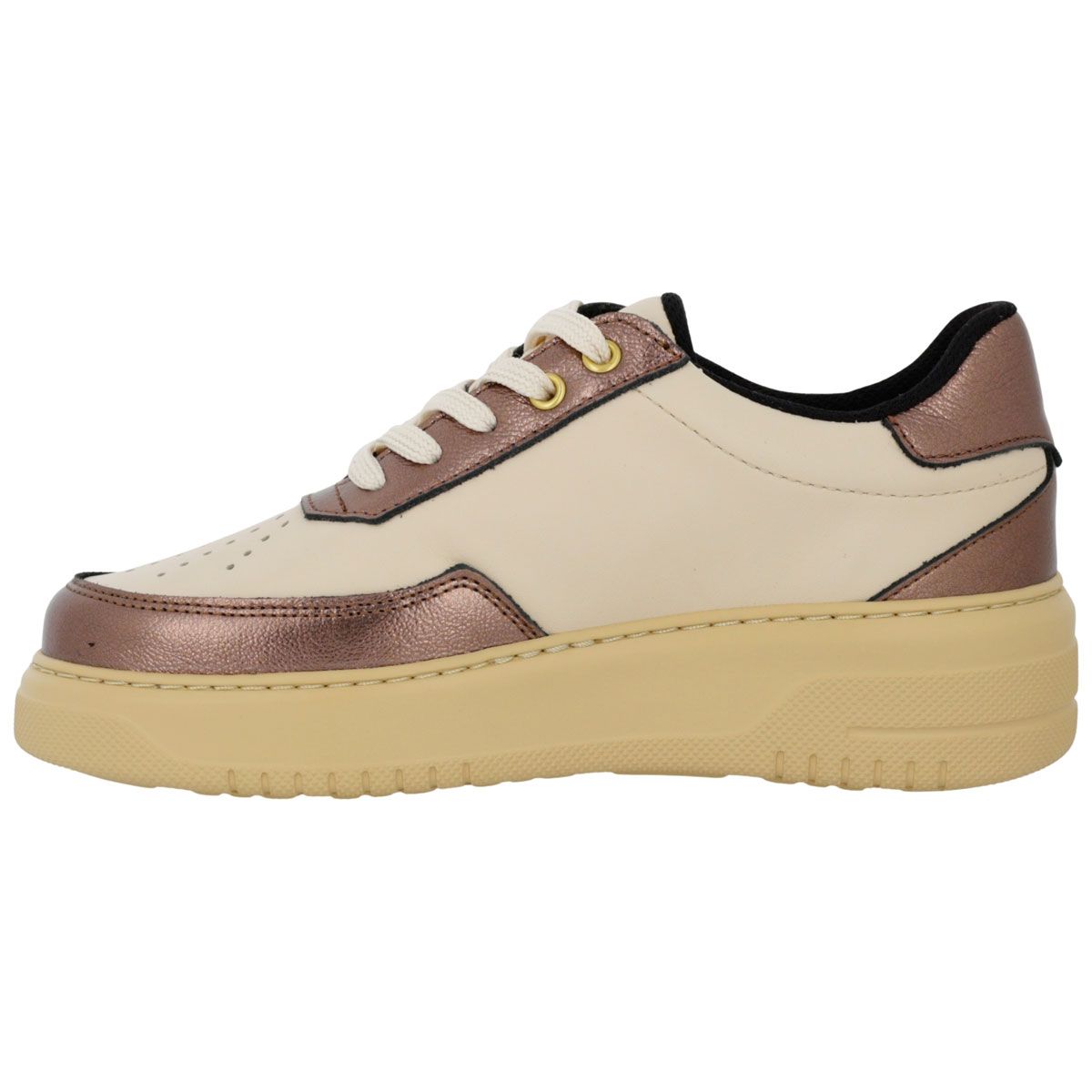 Sneakers crema con accenti leopardati, zip e dettagli color bronzo.