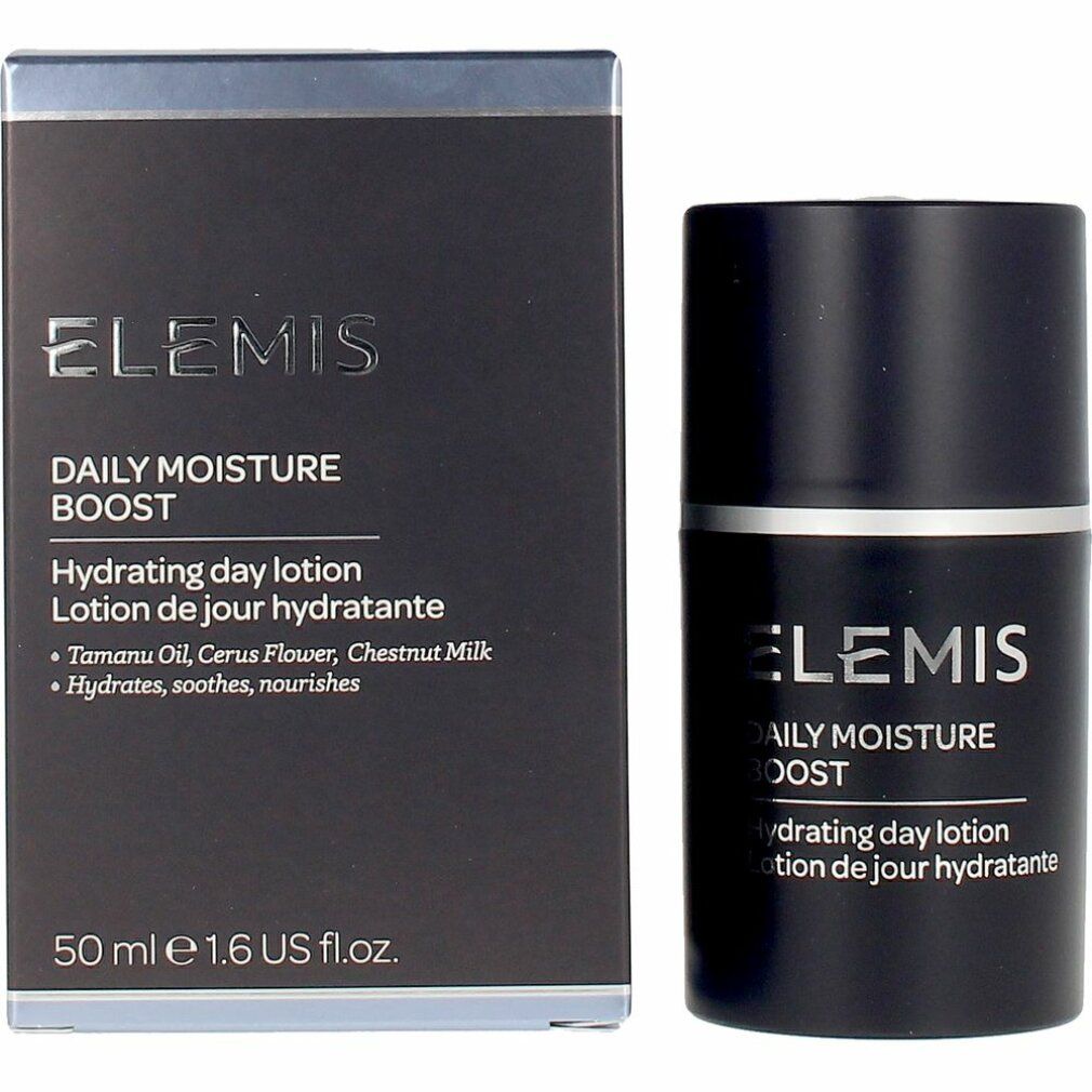 Flacone cilindrico nero e scatola. Scritta: Elemis, Daily Moisture Boost, Hydrating day lotion. 50 ml.