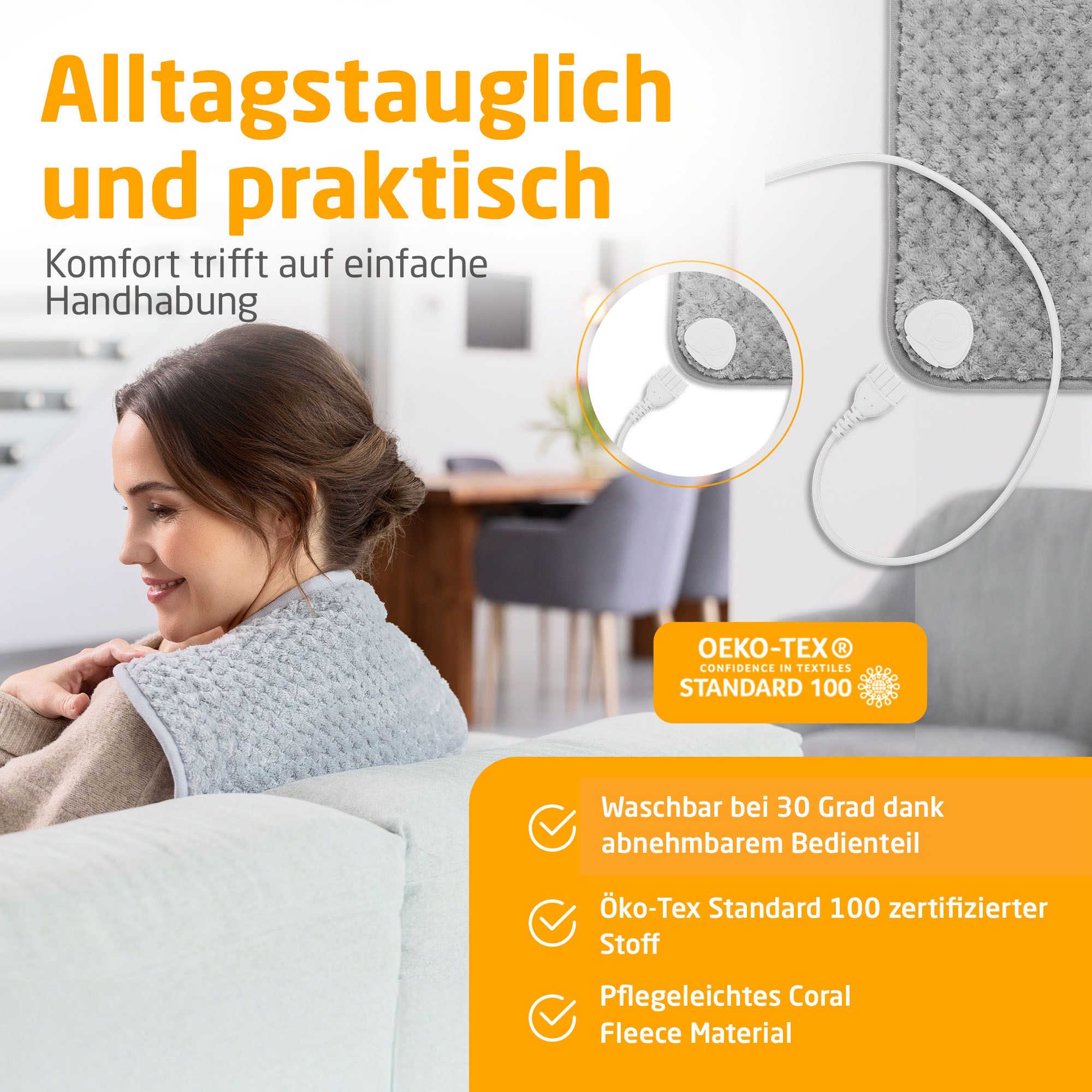 Cuscino termico grigio chiaro. Pannello comandi rimovibile, lavabile a 30°. Certificato Oeko-Tex Standard 100. Pile corallo facile.