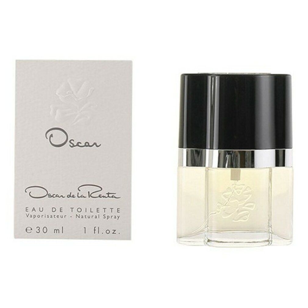 Flacone di profumo e confezione. Scritta "Oscar". Confezione con logo e testo. Flacone con tappo nero.