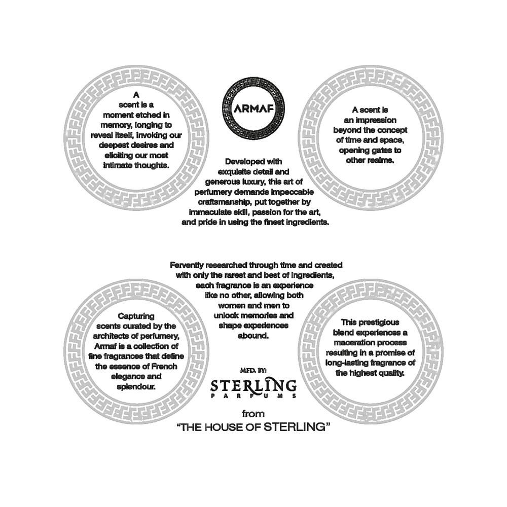 Cerchi di testo con testo. In alto: logo ARMFA. In basso: logo « The House of Sterling ». Testo su profumo e ingredienti.