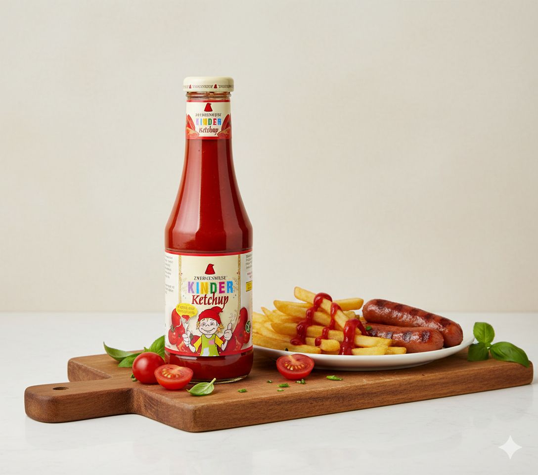 Bottiglia di ketchup Zwergenwiese per bambini accanto a patatine fritte e salsicce su tagliere di legno.