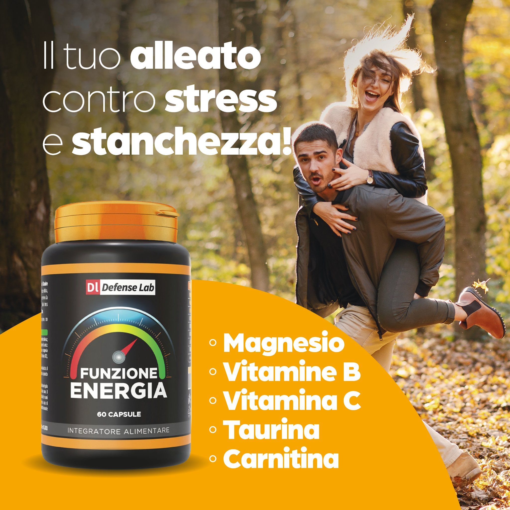 Flacone marrone "Defense Lab Funzione Energia". Scritto: "60 Capsule". Su sfondo giallo con persone all'aperto.