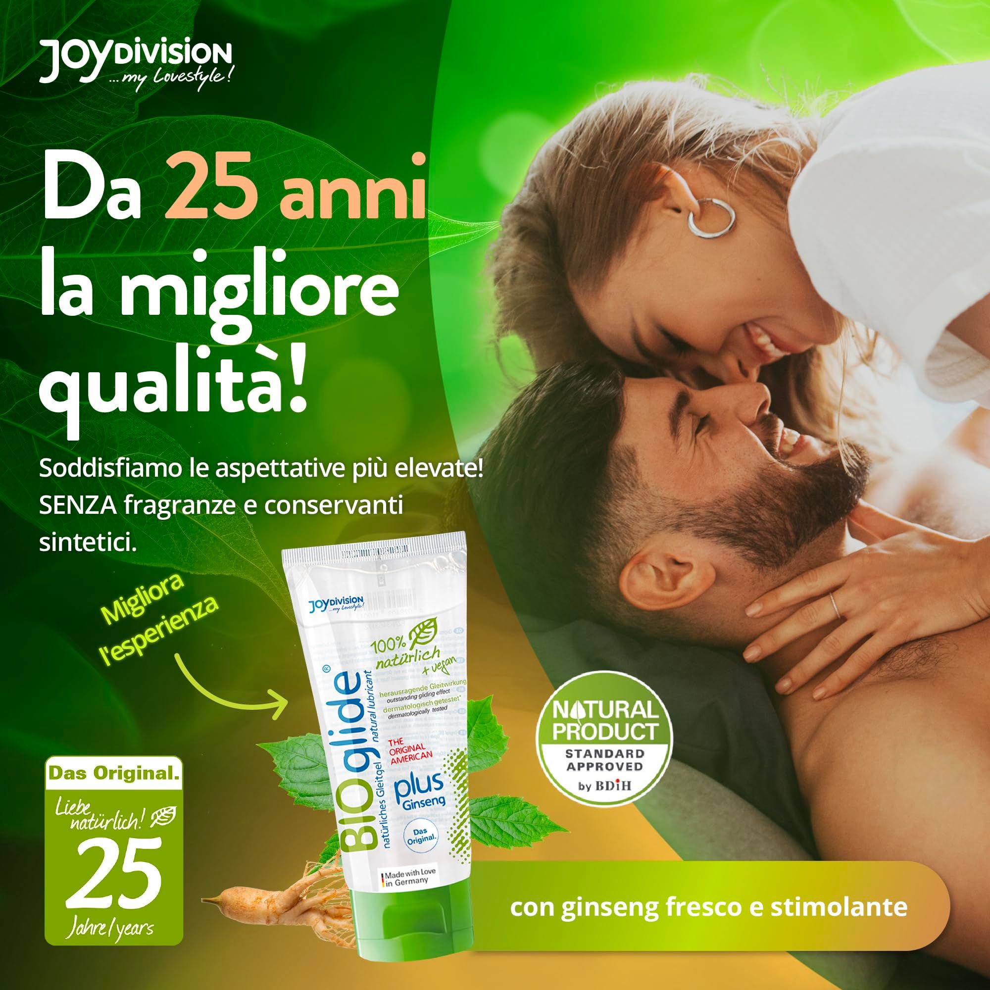 Tubo di lubrificante Joydivision Bio-Glide, ingredienti 100% naturali.