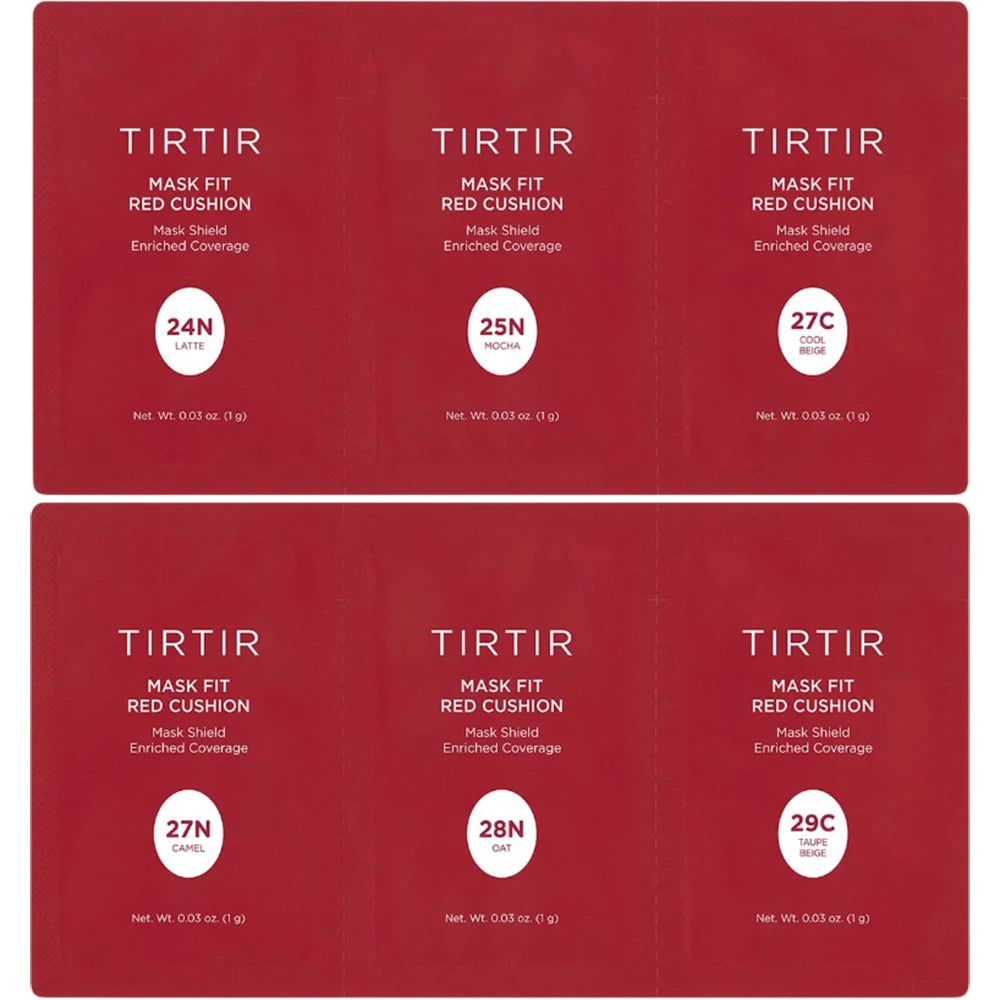 Sei confezioni rosse singole. Su ognuna: TIRTIR, Mask Fit Red Cushion. Tonalità: 24N, 25N, 27C, 27N, 28N, 29C. Peso netto 0,03 oz (1g).