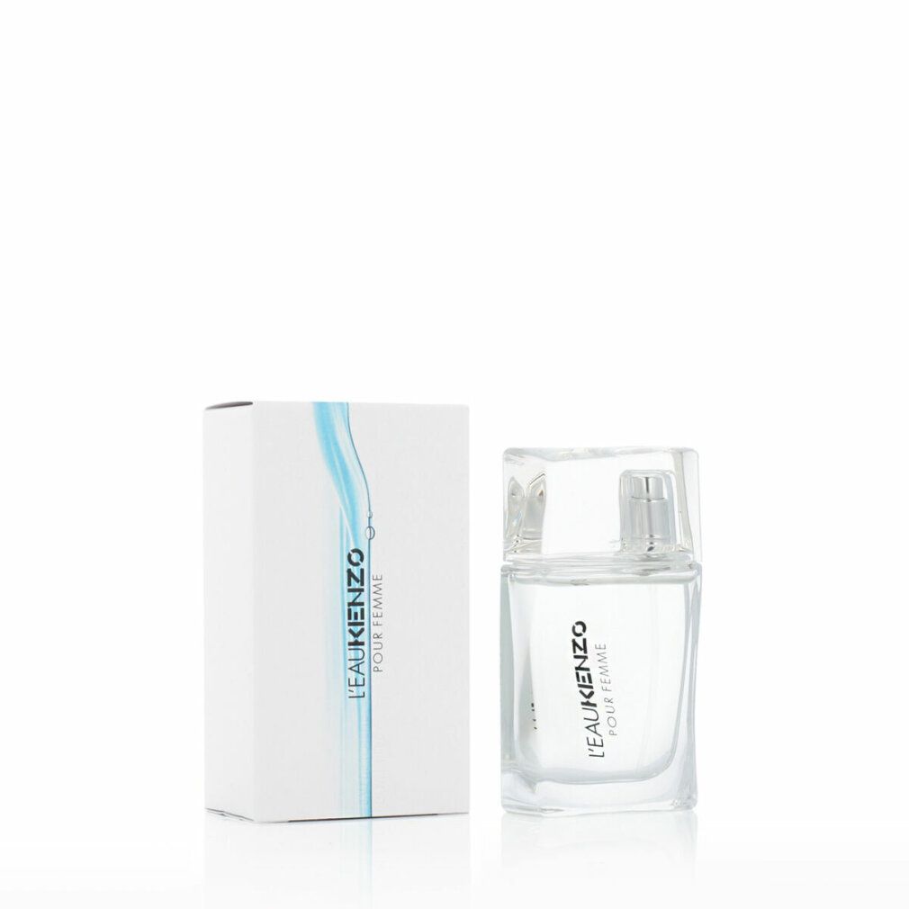 Flacone in vetro con vaporizzatore e confezione bianca. Scritta L'EAU KENZO POUR FEMME.